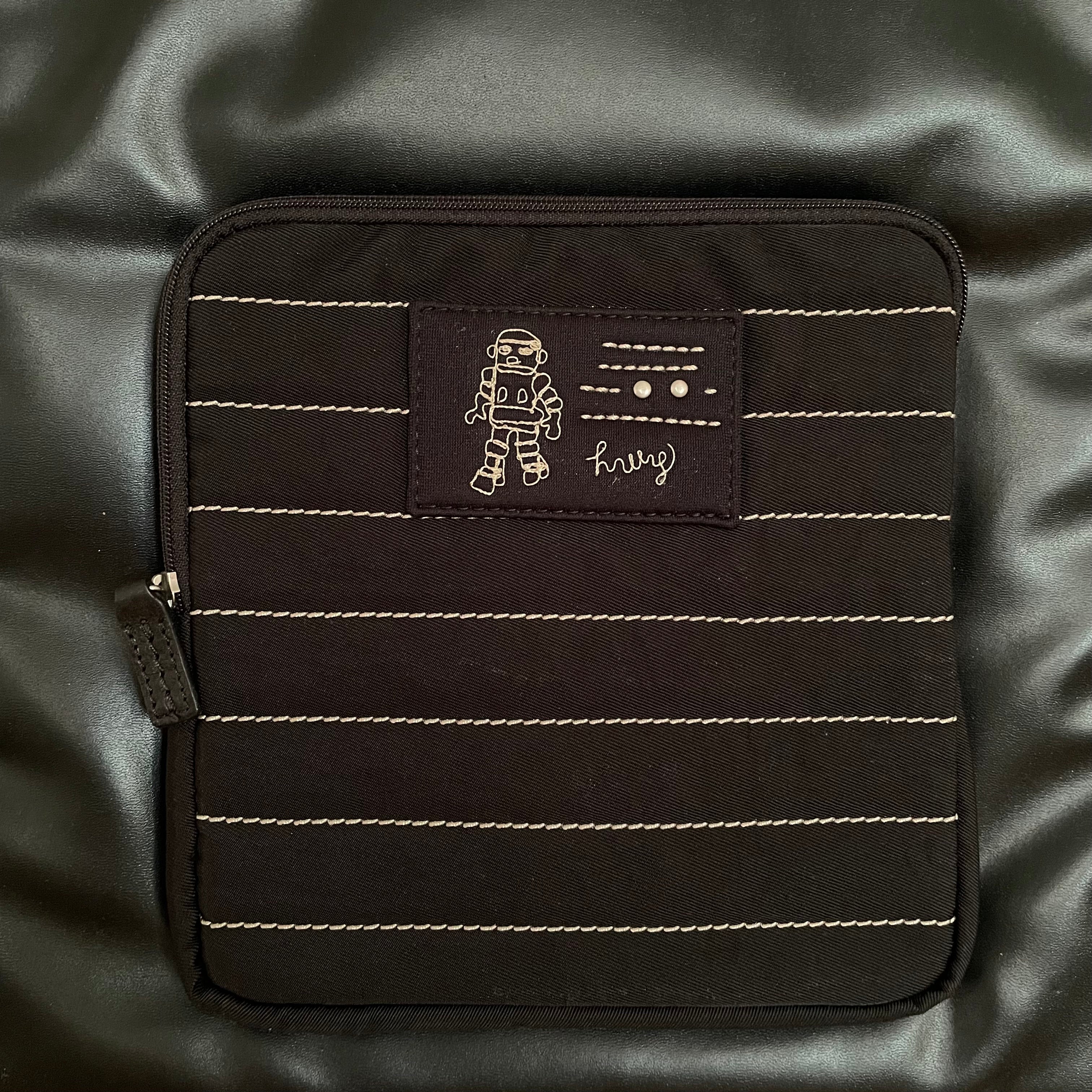 Premium Collection | Tall Vegan Leather x Nylon x Leather Handles Briefcase with Stripe Stitch Accents | Black x White